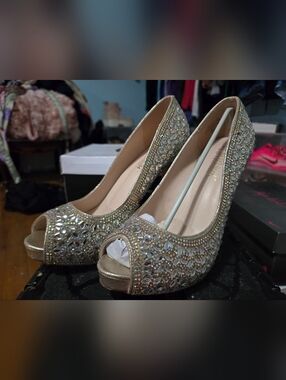 Gold Crystal Peep-Toe Heels - Women's Embellished Dress Pumps